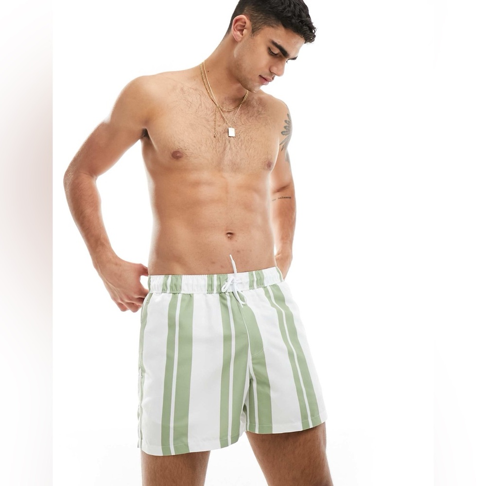 NWT ASOS Men’s Striped Swim Shorts Short Length Sage Green Size M